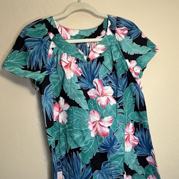 HiloHattie MuuMuu Sz M Teal Floral Tiki Lounge Vintage Luau Maxi Dress Camp - Picture 2 of 8